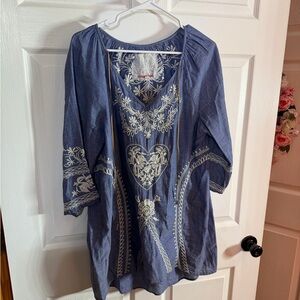 Johnny Was Indigo Embroidered Blouse